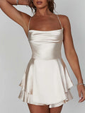 Damen Satin-Jumpsuit-Kleid mit Volant und Schnürrücken